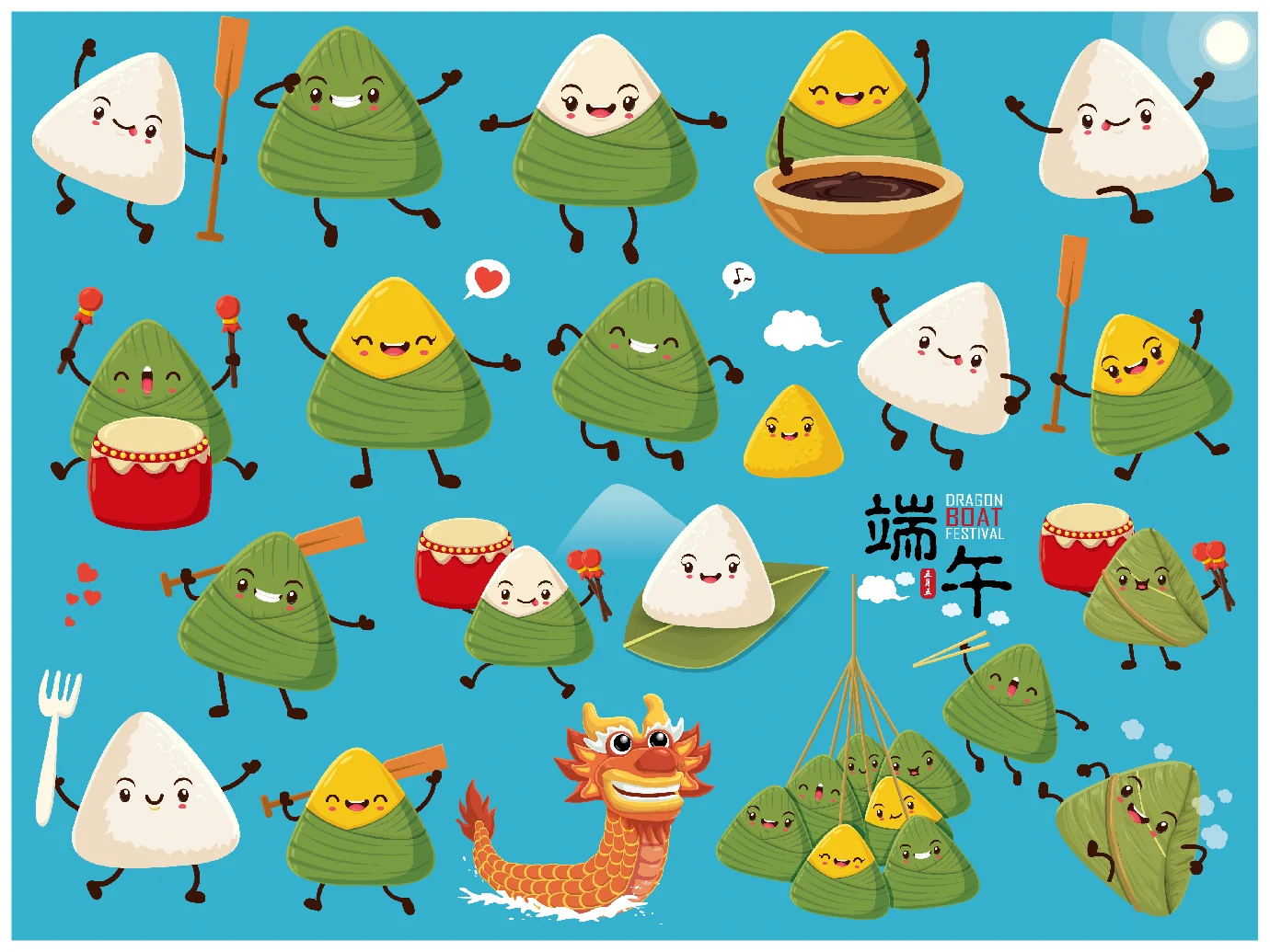 中国传统节日卡通手绘端午节赛龙舟粽子插画海报AI矢量设计素材【039】
